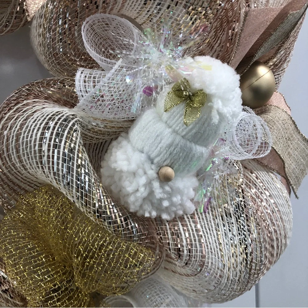 Rose Gold Gnome Deco Mesh Wreath Christmas Iridescent Cream Pink Ornaments Bows